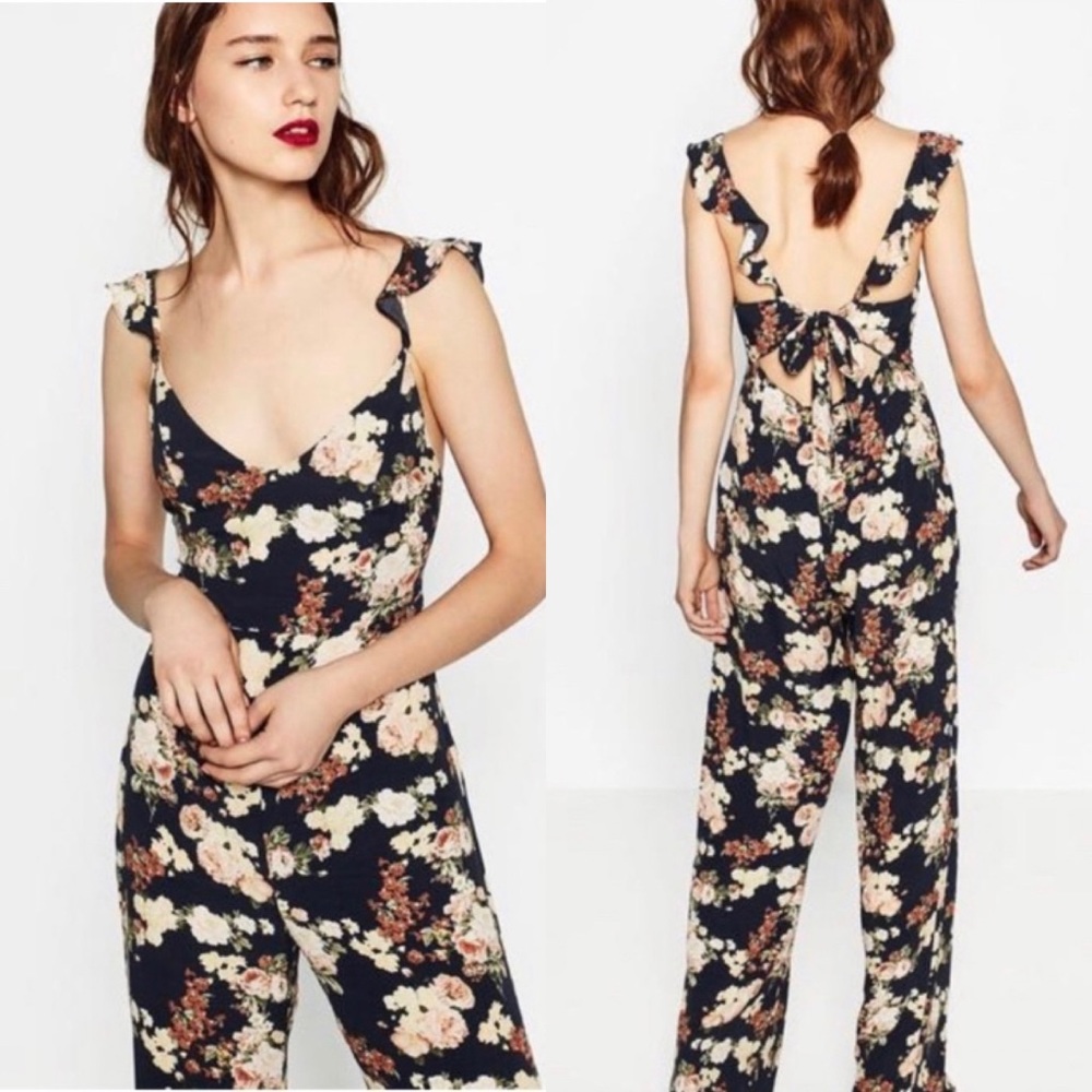 Zara Navy Blue Floral Flutter Sleeve Jumpsuit